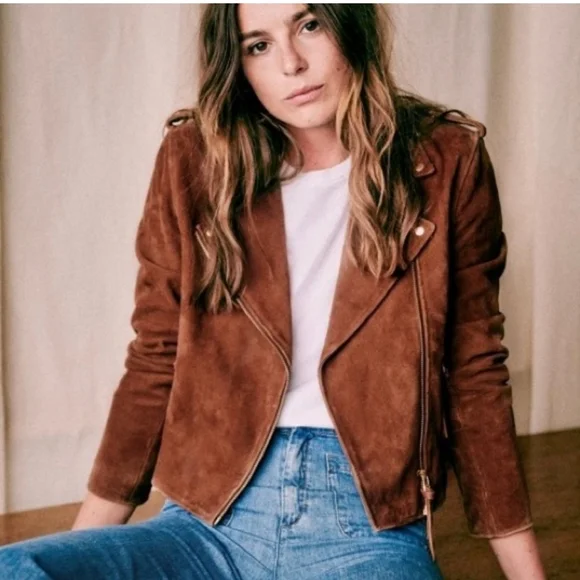 Sezane Zig Biker Jacket Diam Camel Suede Size 2 - Picture 2 of 12